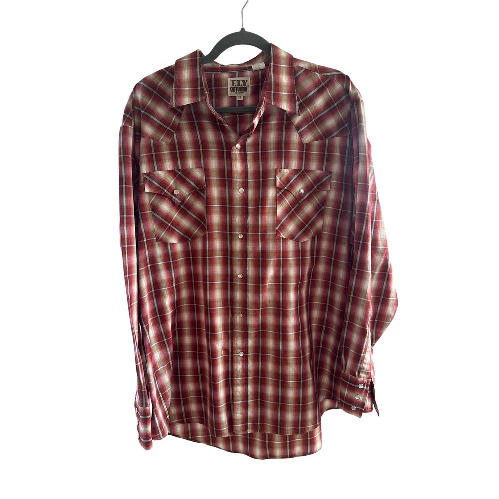 Ely‎ Cattleman Mens XL Red Plaid Western Pearl Snap Shirt Metallic Gold Thread